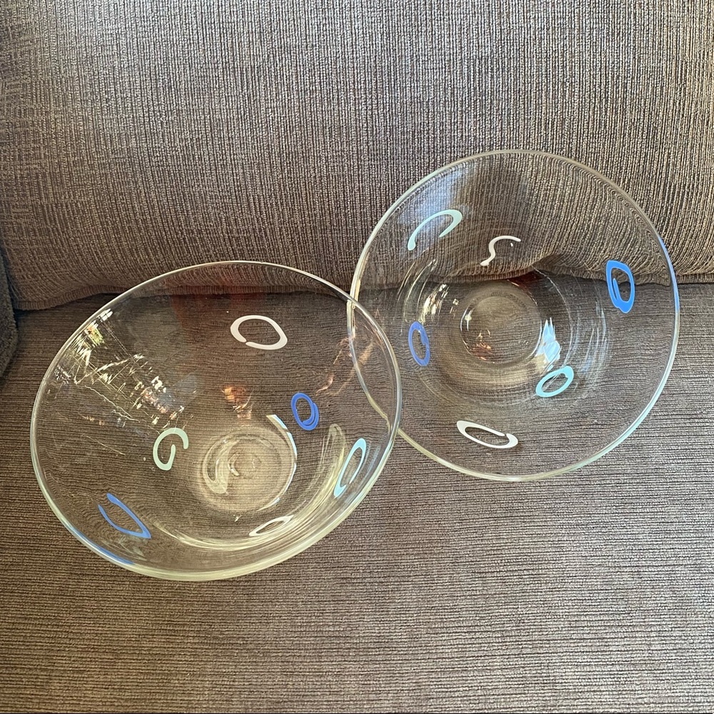 Vintage Hand Blown Fused Glass Bowls MCM Blue Swirls No Chips or Cracks.